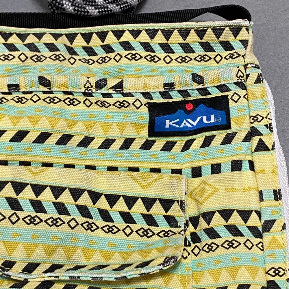 KAVU Keeper Crossbody Bag Yellow Turquoise Geometric Tribal Canvas Rope Strap‎
